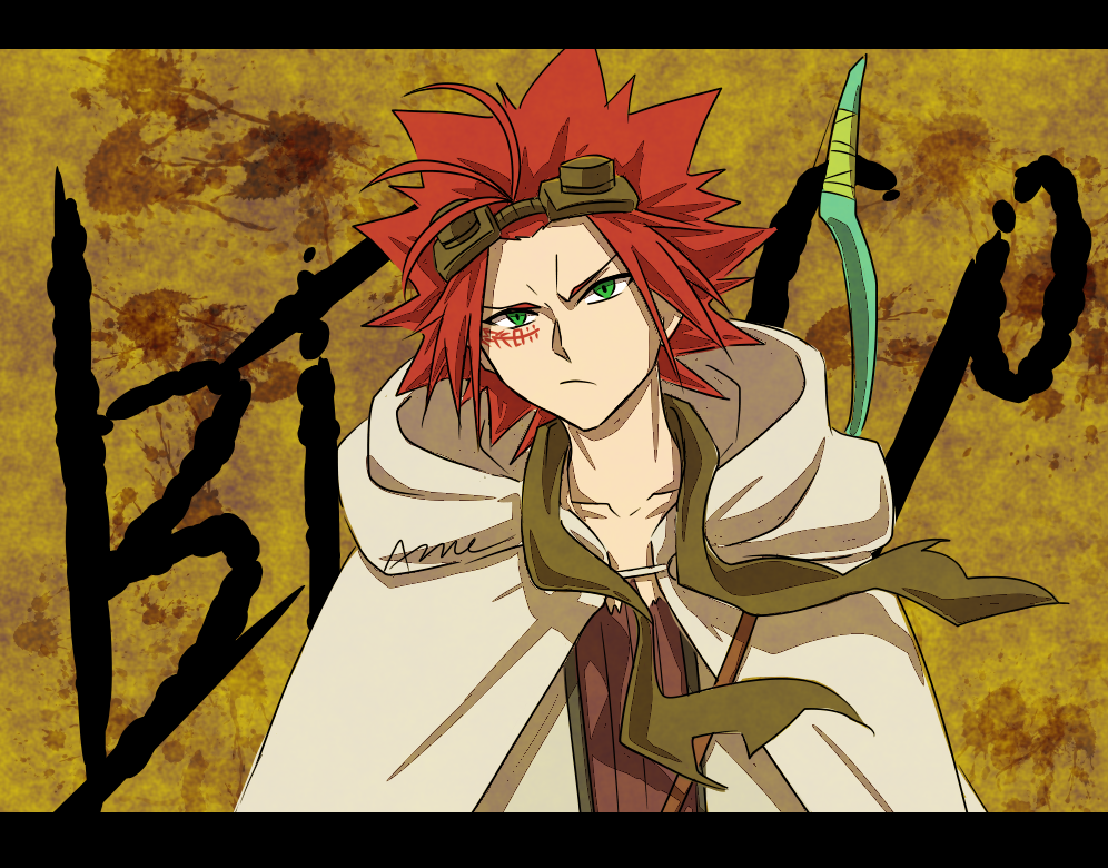 1boy akaboshi_bisco bow_(weapon) brown_scarf character_name closed_mouth collarbone facial_tattoo frown goggles goggles_on_head green_eyes hooded_robe ikuris letterboxed male_focus redhead robe sabikui_bisco scarf spiky tattoo upper_body weapon weapon_on_back white_robe
