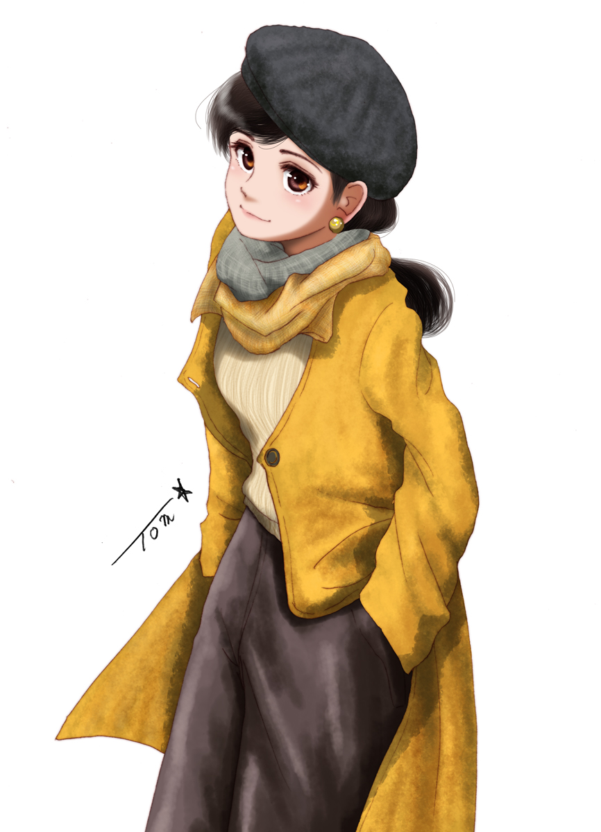 1girl black_hair brown_eyes chutohampa coat earrings grey_headwear grey_scarf hands_in_pockets highres jewelry long_hair looking_at_viewer scarf shirt simple_background smile solo standing stole white_background yellow_coat yellow_scarf yellow_shirt
