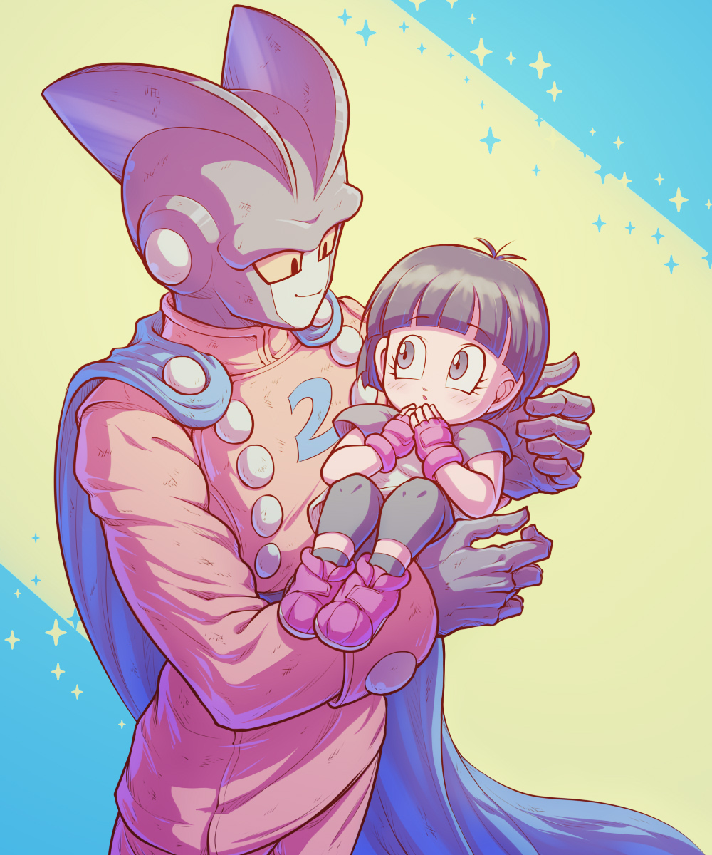 1boy 1girl :o black_hair black_pants blue_cape blunt_bangs blurry blurry_background blush boots buttons cape carrying child closed_mouth colored_sclera colored_skin commentary_request double-breasted dragon_ball dragon_ball_super dragon_ball_super_super_hero eye_contact eyelashes female_child fingerless_gloves gamma_2 gloves grey_skin hands_up highres jacket koukyouji long_sleeves looking_at_another pan_(dragon_ball) pants parted_lips princess_carry purple_footwear purple_gloves shirt short_hair short_sleeves simple_background sleeve_cuffs smile sparkle standing t-shirt two-tone_background violet_eyes white_background yellow_jacket yellow_pants yellow_sclera