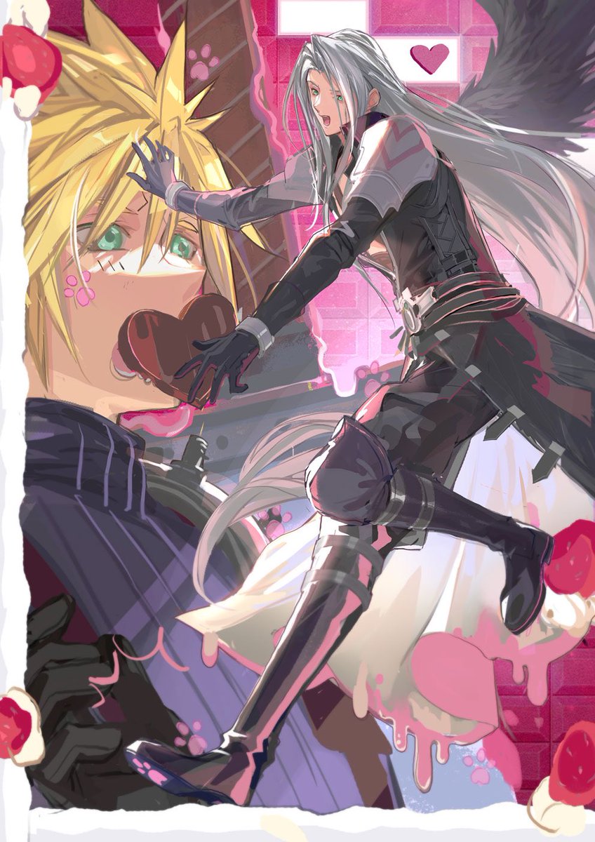 2boys armor belt black_coat black_footwear black_gloves black_jacket black_pants blonde_hair boots bracer buckle cake candy chest_harness chocolate cloud_strife coat final_fantasy final_fantasy_vii food fruit gloves green_eyes grey_hair hand_on_another's_head happy harness headpat heart high_collar highres holding holding_candy holding_chocolate holding_food image_sample implied_yaoi jacket knee_boots long_coat long_hair long_sleeves male_focus messy_hair multiple_belts multiple_boys open_mouth pants pauldrons paw_print paw_shoes running sephiroth shoulder_armor single_pauldron smile strawberry sweater sweets turtleneck turtleneck_sweater twitter_sample valentine worried zzchen22