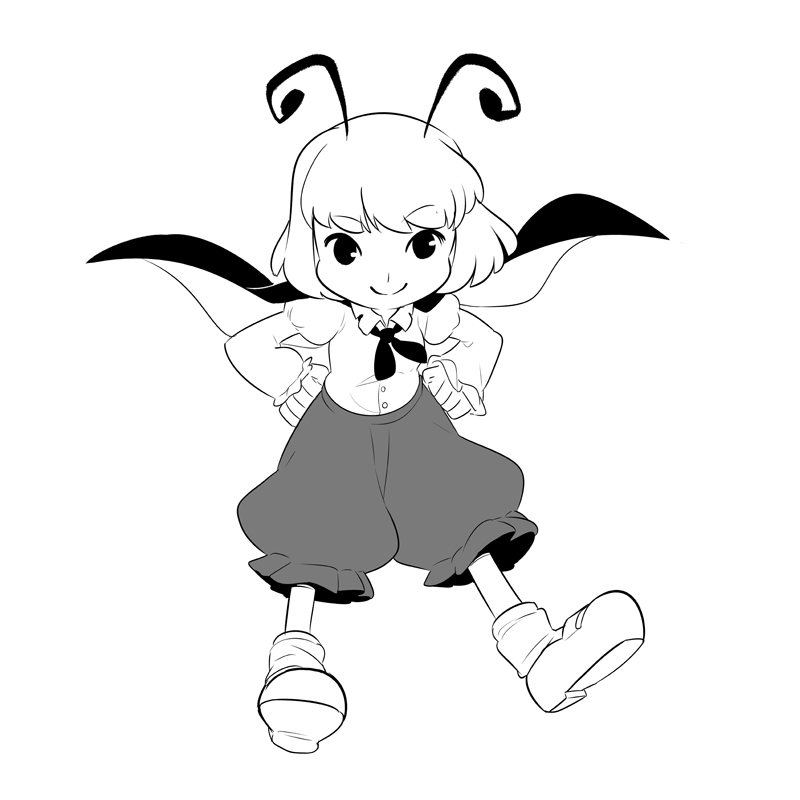 antennae buttons cape commentary full_body hands_on_own_hips juliet_sleeves lineart long_sleeves mary_cagle mary_janes monochrome puffy_pants puffy_sleeves shirt shoes short_hair smile socks touhou white_shirt wriggle_nightbug