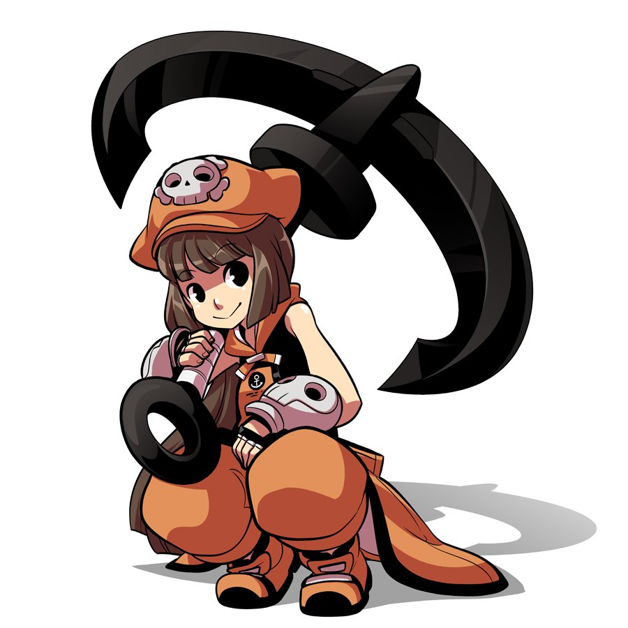 1girl aged_down anchor anchor_symbol black_eyes black_gloves brown_hair cabbie_hat fingerless_gloves fingernails gloves guilty_gear hat hat_ornament holding holding_anchor long_hair mary_cagle may_(guilty_gear) orange_footwear orange_headwear orange_pants orange_shirt pants shadow shirt skull_and_crossbones skull_hat_ornament smile solo squatting white_background