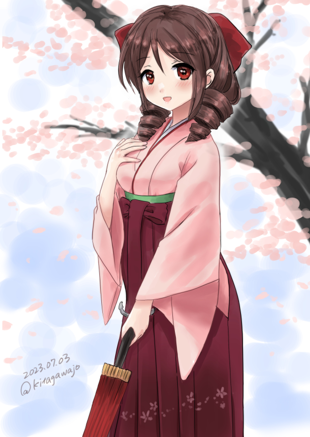 1girl bow brown_hair cherry_blossoms closed_umbrella dated drill_hair feet_out_of_frame hair_bow hakama harukaze_(kancolle) japanese_clothes kantai_collection kimono kitagawa_mikio looking_at_viewer meiji_schoolgirl_uniform oil-paper_umbrella one-hour_drawing_challenge pink_kimono red_bow red_eyes red_hakama solo tree twin_drills twitter_username umbrella