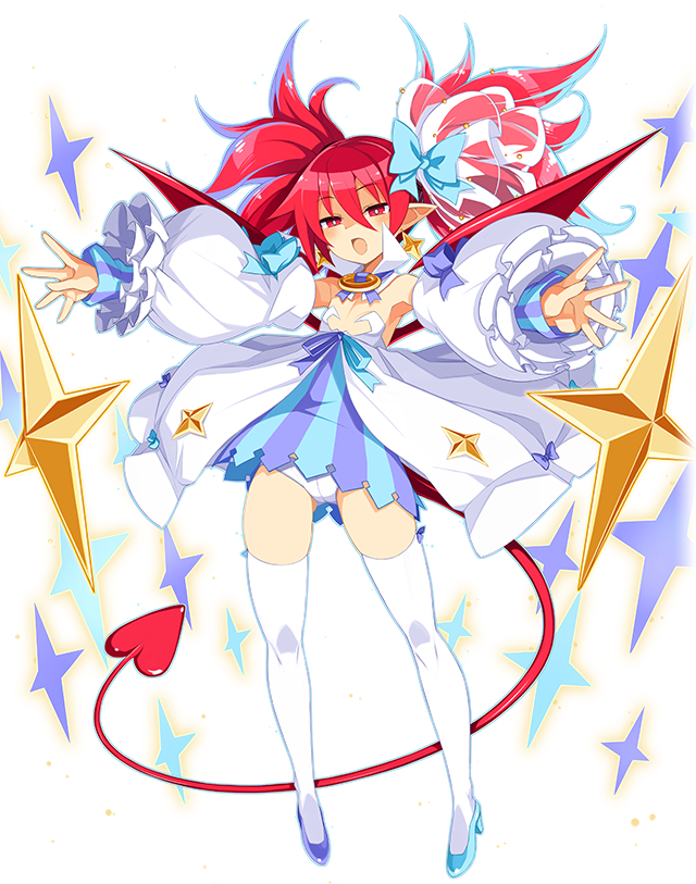 1girl asymmetrical_footwear blue_footwear bow demon_girl demon_tail demon_wings detached_collar detached_sleeves disgaea disgaea_rpg etna_(disgaea) flat_chest full_body hair_between_eyes hair_bow long_hair long_tail mismatched_footwear non-web_source official_art open_mouth outstretched_arms panties photoshop_(medium) pointy_ears red_eyes red_tail red_wings redhead saint_etna simple_background solo tail thigh-highs underwear white_background white_panties white_thighhighs wings