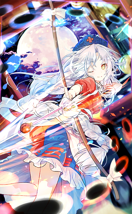 1girl arrow_(projectile) attack blue_dress blue_headwear blush_stickers bow_(weapon) breasts closed_mouth clouds cloudy_sky collar collared_dress cross danmaku drawing_bow dress eientei frilled_dress frills from_side full_moon hat holding holding_arrow holding_bow_(weapon) holding_weapon long_braid long_hair looking_at_viewer moon night nurse_cap nuudoru official_art one_eye_closed parted_bangs puffy_short_sleeves puffy_sleeves red_cross red_dress short_sleeves sky smile touhou touhou_cannonball trigram two-tone_dress very_long_hair weapon white_collar white_hair yagokoro_eirin yellow_eyes