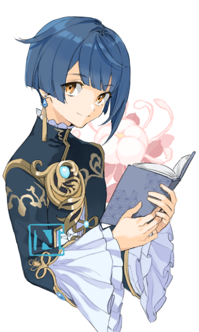 1boy blue_eyes blue_hair book choco_c14 closed_mouth cropped_torso earrings flower frilled_sleeves frills genshin_impact holding holding_book jewelry long_sleeves looking_at_viewer male_focus open_book orange_hair pink_flower simple_background single_earring solo tassel tassel_earrings upper_body white_background xingqiu_(genshin_impact)