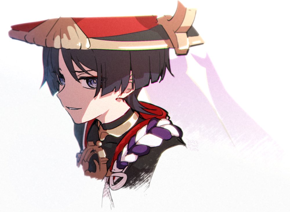 1boy apollo_hotori black_hair blunt_ends from_side genshin_impact gold hat jingasa looking_at_viewer male_focus mandarin_collar parted_lips portrait profile scaramouche_(genshin_impact) short_hair simple_background smile solo violet_eyes white_background