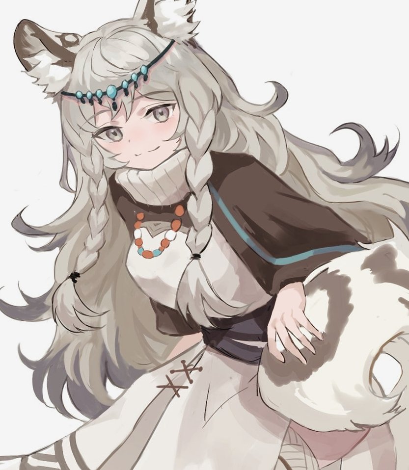 1girl animal_ear_fluff animal_ears arknights blush braid dress grey_eyes grey_hair grey_thighhighs hair_between_eyes leopard_ears leopard_girl leopard_tail looking_at_viewer pramanix_(arknights) side_braid simple_background sitting smile solo spotted_tail tail tail_grab thigh-highs touchika twin_braids white_background white_dress white_hair