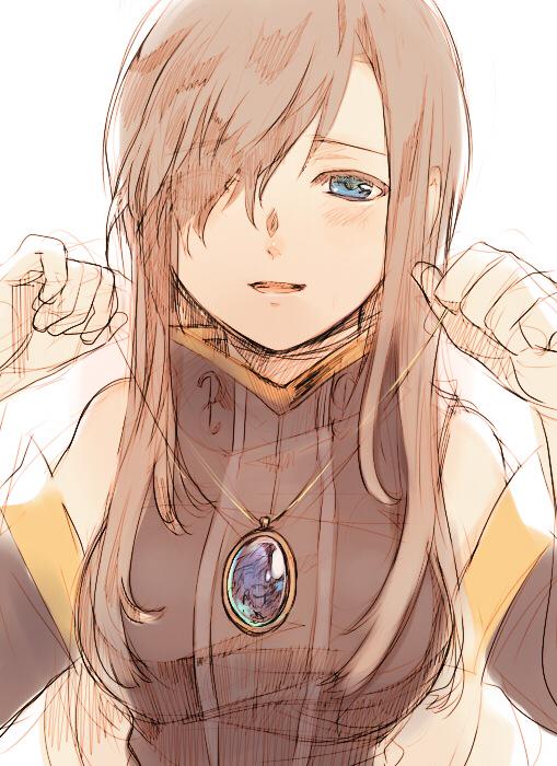 1girl bare_shoulders blue_eyes breasts brown_dress brown_hair brown_robe brown_sleeves commentary_request detached_sleeves dress gem gloves hair_over_one_eye hands_up high_collar holding holding_jewelry holding_necklace jewelry light_blush long_hair looking_at_viewer mada_nemu_i medium_breasts necklace parted_lips pendant purple_gemstone robe sidelocks simple_background solo tales_of_(series) tales_of_the_abyss tear_grants upper_body white_background white_gloves