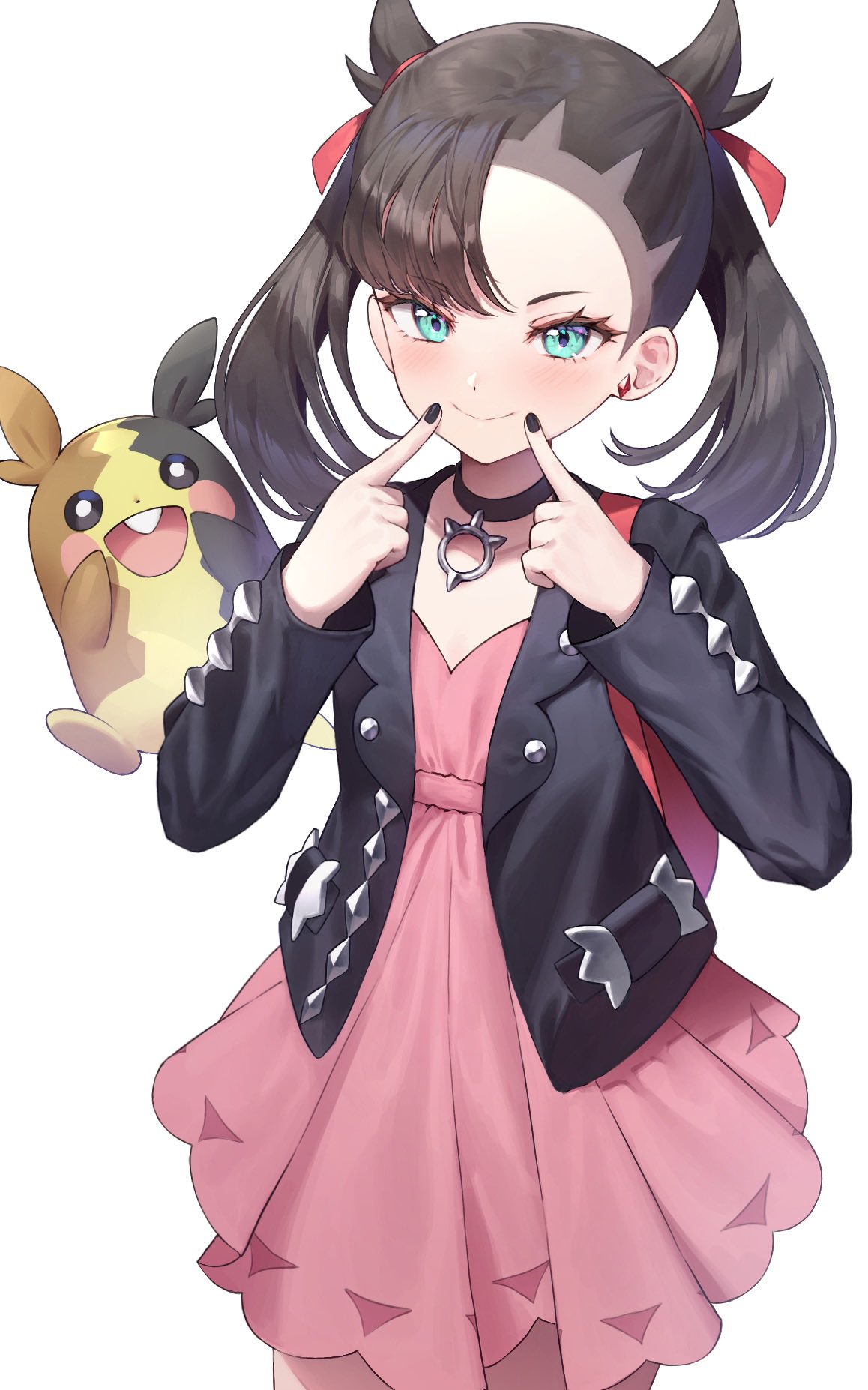 1girl aqua_eyes asymmetrical_bangs backpack bag black_choker black_hair black_jacket black_nails choker commentary dolldolldd dress earrings flat_chest hair_ribbon hand_on_own_cheek hand_on_own_face highres jacket jewelry looking_at_viewer marnie_(pokemon) medium_hair morpeko morpeko_(full) nail_polish open_clothes open_jacket pink_dress pokemon pokemon_(creature) pokemon_(game) pokemon_swsh red_bag red_ribbon ribbon simple_background smile solo standing stud_earrings twintails white_background