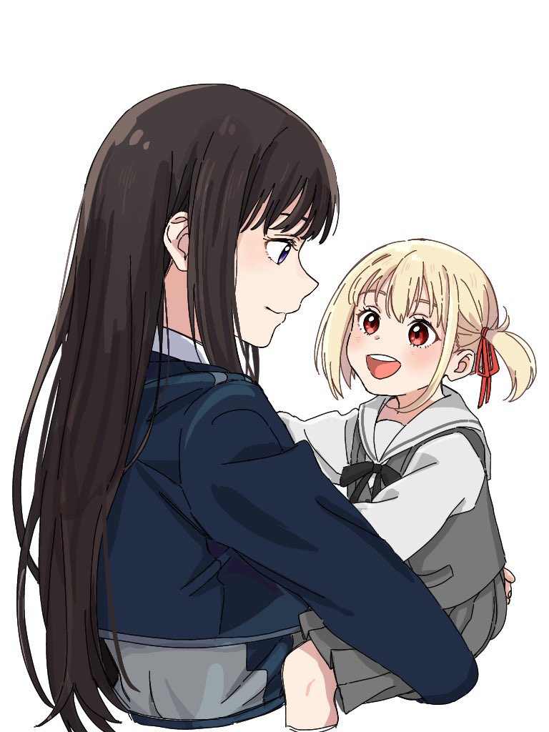 2girls :d aged_down black_hair blonde_hair blue_dress blush carrying carrying_person closed_mouth collared_shirt commentary dress grey_dress grey_skirt grey_vest hair_between_eyes hair_ribbon inoue_takina long_hair long_sleeves looking_at_another lycoris_recoil lycoris_uniform multiple_girls nishikigi_chisato one_side_up open_mouth pleated_skirt puffy_sleeves red_eyes red_ribbon ribbon sailor_collar shirt sidelocks simple_background skirt smile teeth two-tone_dress uniform upper_teeth_only variant_set vest violet_eyes white_background white_sailor_collar white_shirt yomo_(moo_777_moo)