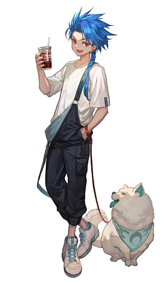 1boy bishounen blue_hair braid braided_ponytail child cu_chulainn_(fate) dog fate/grand_order fate_(series) lack leash long_hair looking_at_viewer male_child male_focus overalls red_eyes setanta_(fate) shirt simple_background solo spiky_hair white_background white_footwear white_shirt