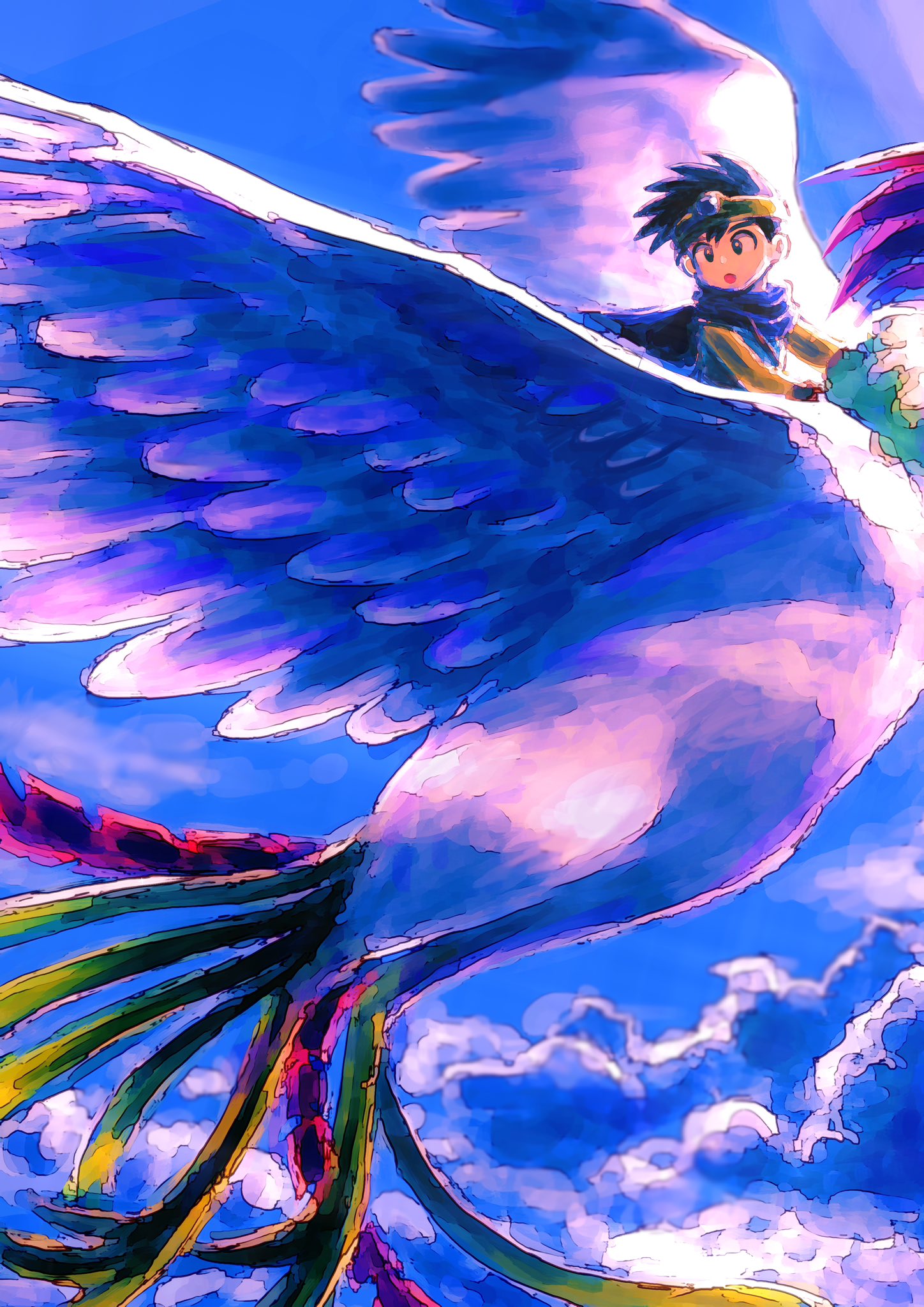 1boy 1other armor bird black_hair blue_hair cape circlet clouds cloudy_sky dragon_quest dragon_quest_iii flying head_out_of_frame hero_(dq3) highres long_hair looking_afar moyapippi open_mouth out_of_frame purple_sky ramia_(dq3) riding scenery sky smile