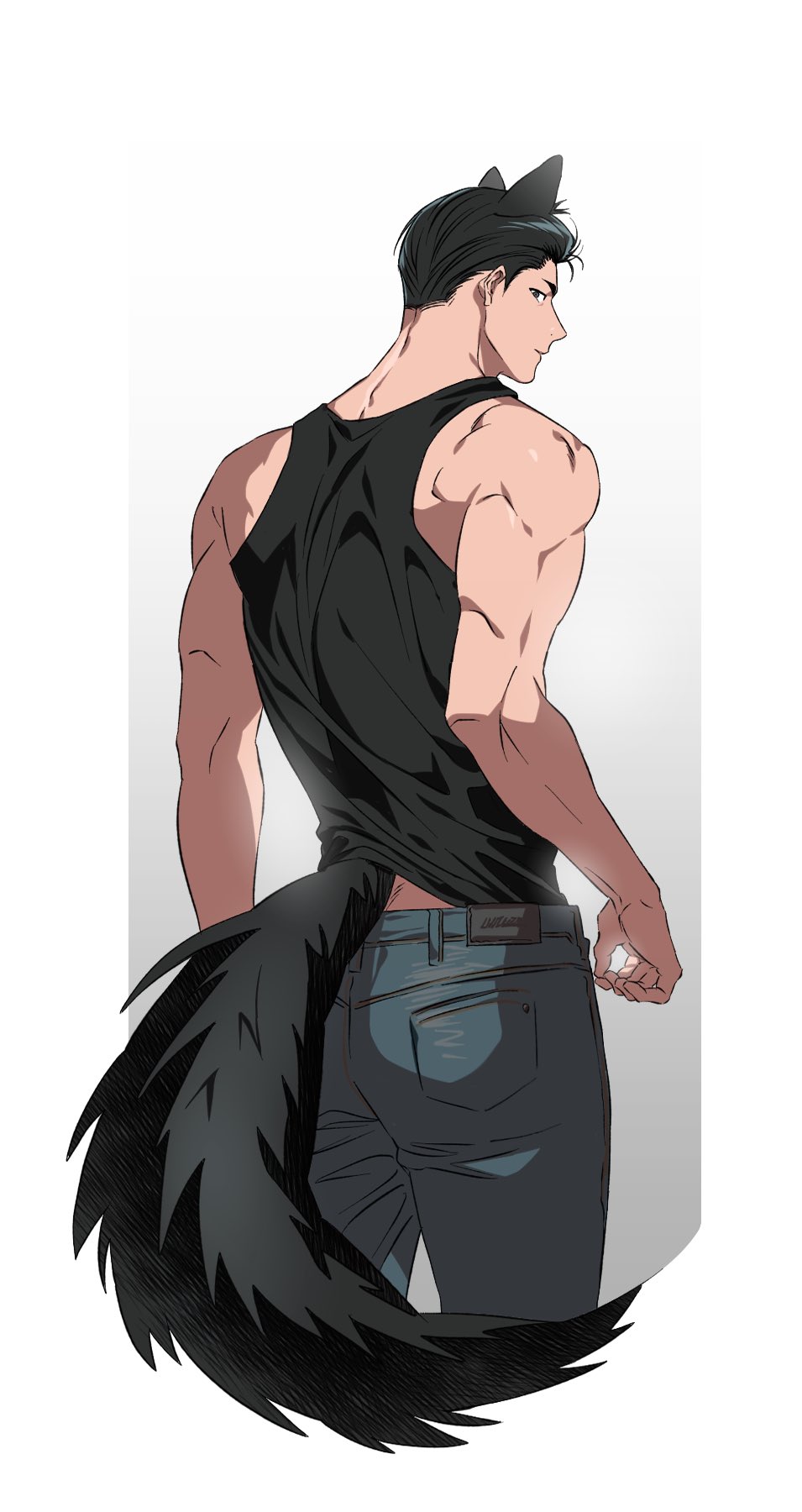 1boy animal_ears black_eyes black_hair black_tank_top blue_pants closed_mouth highres looking_at_viewer male_focus mito_youhei muscular muscular_male pants profile short_hair slam_dunk_(series) solo tail tank_top tektek070 white_background wolf_boy wolf_ears wolf_tail