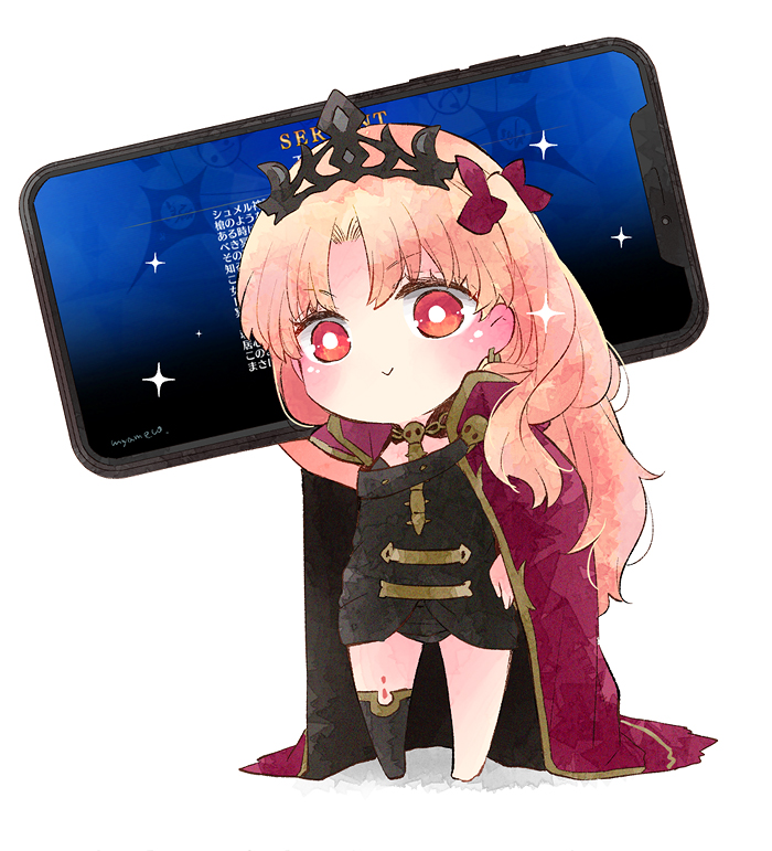 1girl azumi_(myameco) black_thighhighs black_tiara blonde_hair blush cape cellphone chibi earrings ereshkigal_(fate) fate/grand_order fate_(series) hair_ribbon holding holding_phone hoop_earrings jewelry loading_screen looking_at_viewer phone red_cape red_eyes red_ribbon ribbon simple_background single_thighhigh skull skull_brooch smartphone smile solo sparkle spine thigh-highs tiara white_background