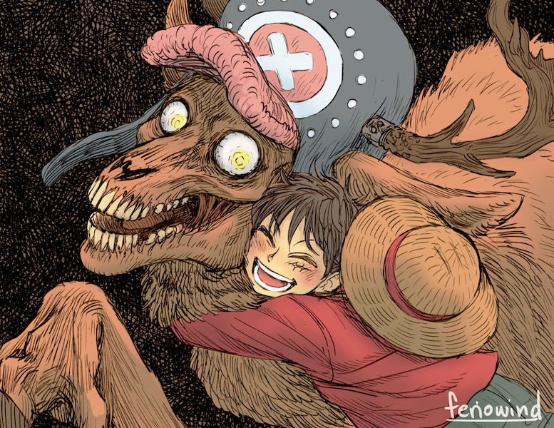 2boys animal_ears animal_nose antlers antlers_through_headwear artist_name black_hair blush closed_eyes feriowind hat hat_removed headwear_removed horns hug male_focus monkey_d._luffy multiple_boys one_piece open_mouth reindeer_antlers short_hair smile straw_hat teeth tony_tony_chopper yellow_eyes