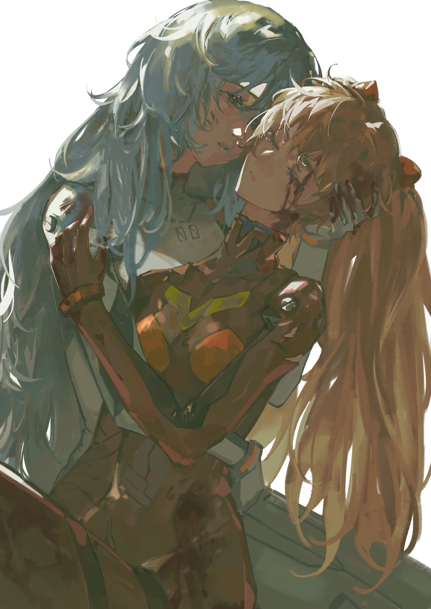 2girls ayanami_rei bleeding blood blood_on_face blood_on_hands blue_hair bodysuit carrying carrying_person closed_eyes commentary_request covered_collarbone cowboy_shot expressionless from_side half-closed_eyes hand_on_another's_arm hand_on_another's_head highres hug injury interface_headset jiaotang_xiaodoudou long_hair looking_at_another multiple_girls neon_genesis_evangelion orange_hair parted_lips plugsuit red_bodysuit simple_background souryuu_asuka_langley two_side_up white_background white_bodysuit