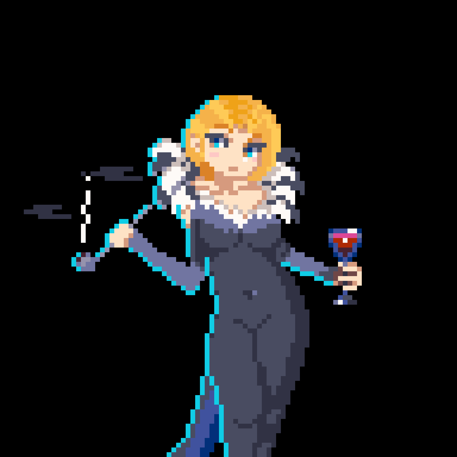 1girl alcohol benedikta_harman black_background blonde_hair blue_eyes bodysuit breasts covered_navel cup drinking_glass feather_collar final_fantasy final_fantasy_xvi fur_collar fur_trim highres holding holding_cup holding_smoking_pipe leather leather_vest low_neckline pixel_art pixelartds short_hair simple_background skin_tight smoking smoking_pipe solo standing wine wine_glass