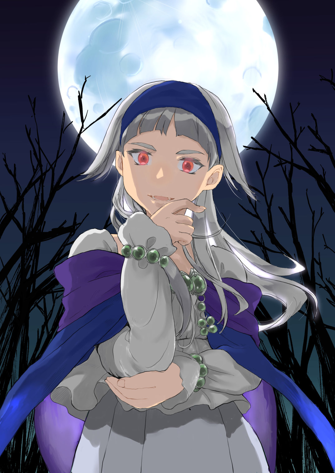1girl cape dress full_moon gensou_suikoden gensou_suikogaiden hairband highres jewelry long_hair looking_at_viewer moon open_mouth red_eyes sierra_mikain skirt smile solo tree vampire white_hair