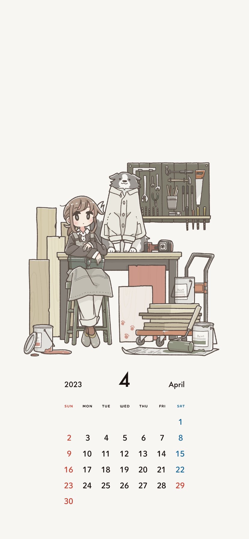 1girl black_eyes blush brown_hair closed_mouth coat dog east_sha2 expressionless highres looking_at_viewer original paint_can pants pliers saw screwdriver short_hair sitting solo stool wrench