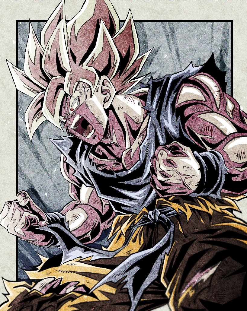 1boy angry biceps blonde_hair blood blood_from_mouth blue_sash blue_shirt blue_wristband border clenched_hands collarbone commentary_request dragon_ball dragon_ball_z grey_background hands_up male_focus muscular muscular_male open_mouth orange_pants outside_border pants pectorals red_eyes sash scratches shirt simple_background solo son_goku spiky_hair super_saiyan super_saiyan_1 teeth tongue torn_clothes torn_pants torn_shirt ushi_(akabec0) v-shaped_eyebrows veins white_border wristband