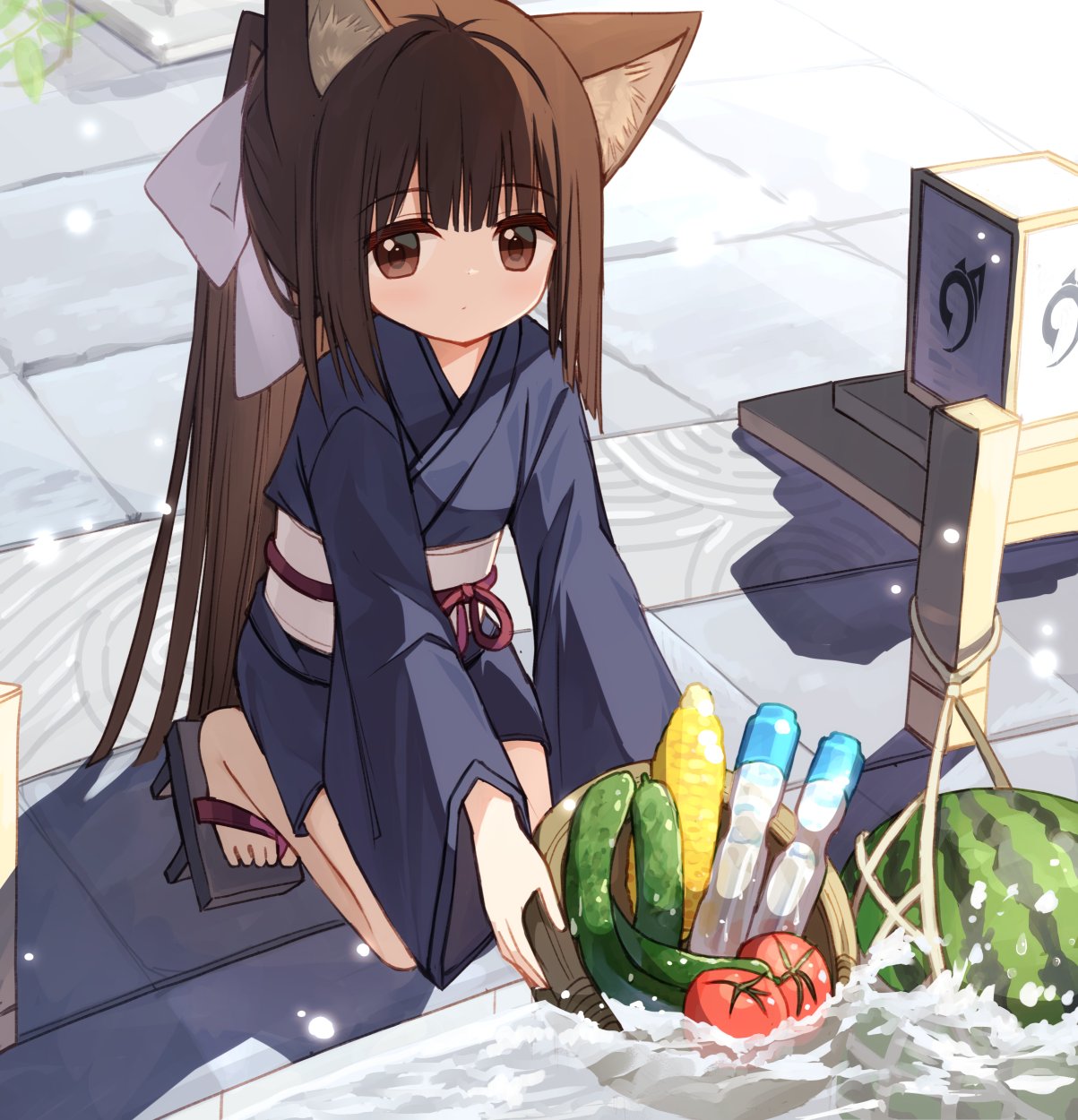 1girl animal_ear_fluff animal_ears basket black_footwear blue_kimono bow brown_eyes brown_hair closed_mouth commentary_request corn cucumber day food fruit geta hair_bow highres holding holding_basket japanese_clothes kimono long_sleeves obi original outdoors ponytail sash solo tomato water watermelon white_bow wide_sleeves yuuhagi_(amaretto-no-natsu)