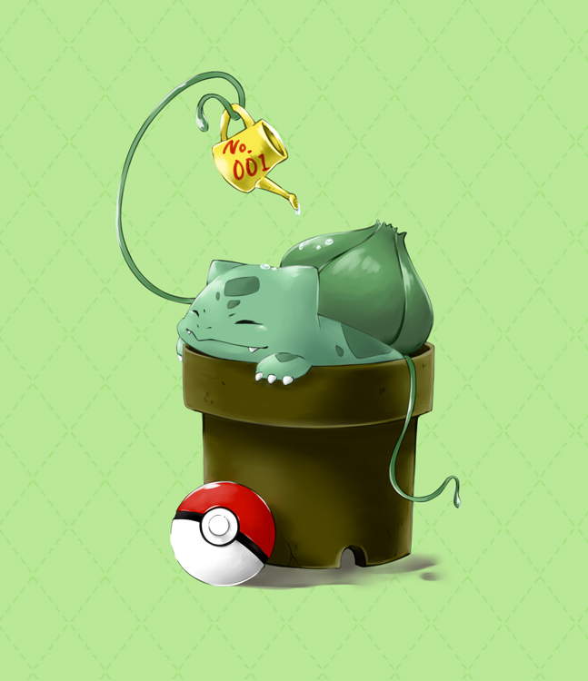 bulbasaur claws closed_eyes closed_mouth fangs flower_pot green_background nostrils plant poke_ball poke_ball_(basic) pokedex_number pokemon pokemon_(creature) simple_background solo tsugu_(tsugu5656) vines water_drop watering_can