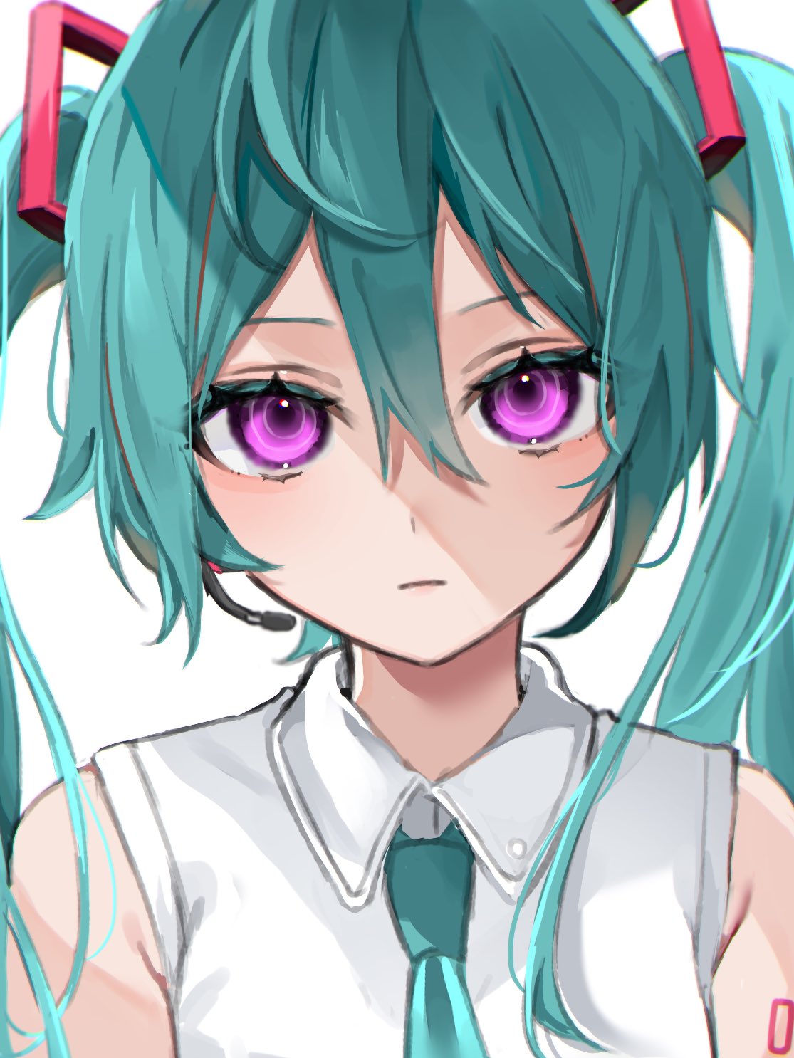 1girl :| alternate_eye_color aqua_hair arubi_nowaru bare_shoulders blue_necktie closed_mouth commentary hair_between_eyes hair_ornament hatsune_miku headphones highres long_hair looking_at_viewer mouthpiece necktie portrait shirt sleeveless solo symbol-only_commentary twintails very_long_hair violet_eyes vocaloid white_background