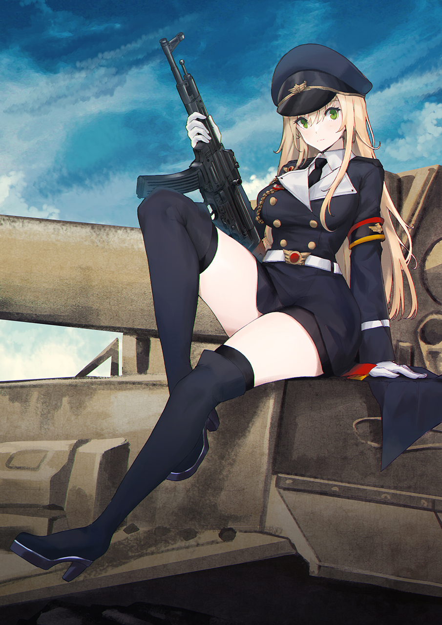 1girl arm_support assault_rifle belt black_footwear black_necktie black_thighhighs blonde_hair boots breasts closed_mouth commission girls_frontline gloves green_eyes gun hat high_heel_boots high_heels highres holding holding_gun holding_weapon long_hair long_sleeves looking_at_viewer medium_breasts military_hat military_uniform necktie peaked_cap persocon93 pixiv_commission rifle shirt sitting solo stg44 stg44_(girls'_frontline) thigh-highs thigh_boots thighhighs_under_boots uniform very_long_hair weapon white_belt white_gloves white_shirt