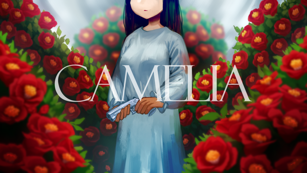 1girl black_hair bush camellia closed_mouth dress english_text flower frown gun handgun head_out_of_frame hoae holding holding_gun holding_weapon long_dress long_hair long_sleeves mili_(band) outdoors puffy_sleeves red_flower solo weapon white_dress