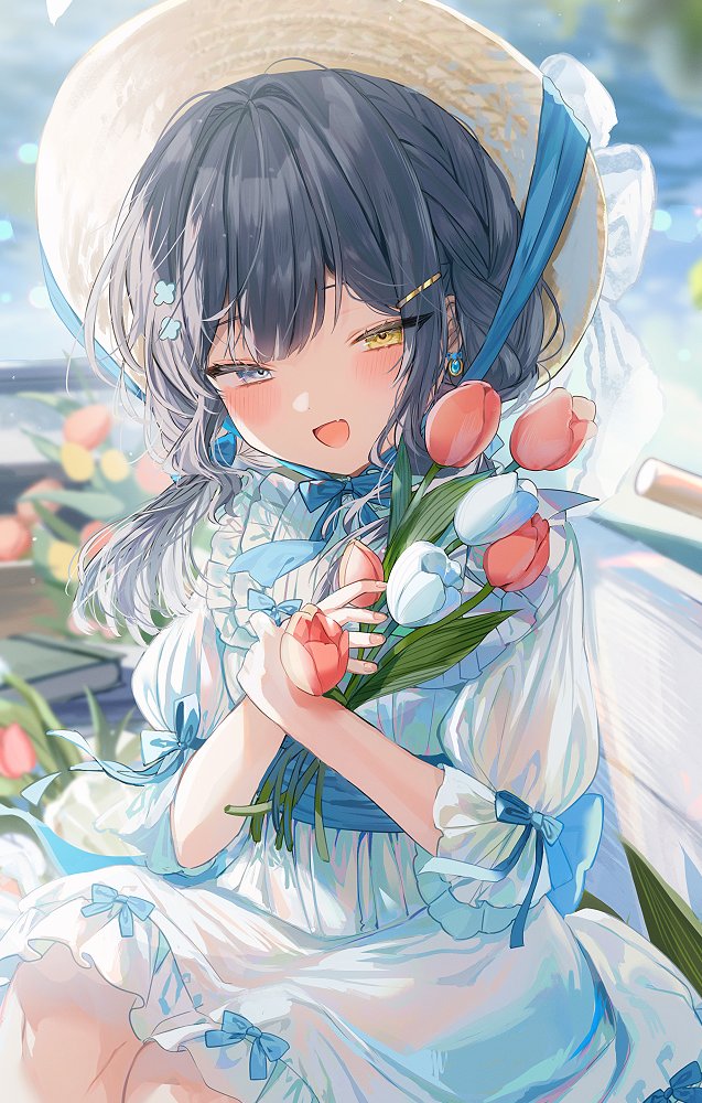 1girl black_hair blue_dress blue_eyes blush day dress earrings flower hair_ornament hairclip hat heterochromia holding holding_flower jewelry long_hair looking_at_viewer melonbooks open_mouth original outdoors sitting smile solo sun_hat tulip twintails y_o_u_k_a yellow_eyes