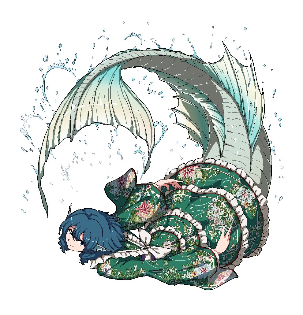 1girl blue_eyes blue_hair closed_mouth drill_hair drill_sidelocks fins floral_print frilled_kimono frills full_body green_kimono head_fins japanese_clothes kimono looking_at_viewer mermaid monster_girl shishi_osamu sidelocks simple_background smile solo touhou wakasagihime white_background