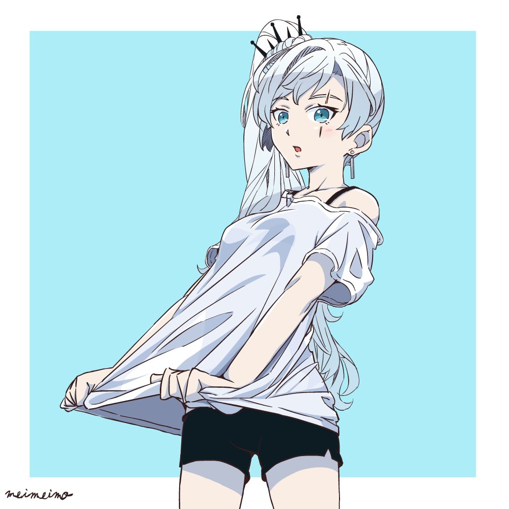 artist_name bike_shorts blue_background blue_eyes bra_strap clothes_pull earrings english_commentary jewelry long_hair long_shirt meimeimo_rwby open_mouth ponytail rwby scar scar_across_eye shirt thighs tiara weiss_schnee white_hair white_shirt