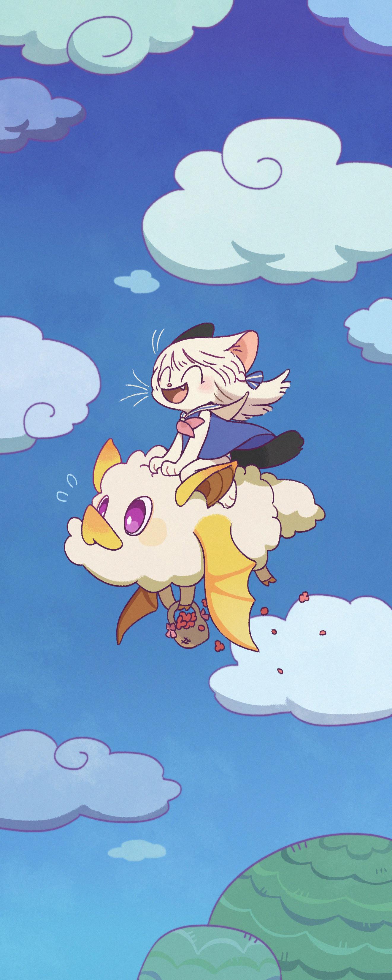 1girl absurdres animal_ears basket bat_wings blue_dress blue_sky cat_ears cat_girl chibi closed_eyes clouds creature dress flying full_body furry furry_female highres holding holding_basket horseback_riding hua_hua_de_meme neckerchief open_mouth original pig_ears pig_nose red_neckerchief riding sailor_dress sky sleeveless sleeveless_dress smile solo tree white_fur white_hair wings yellow_wings