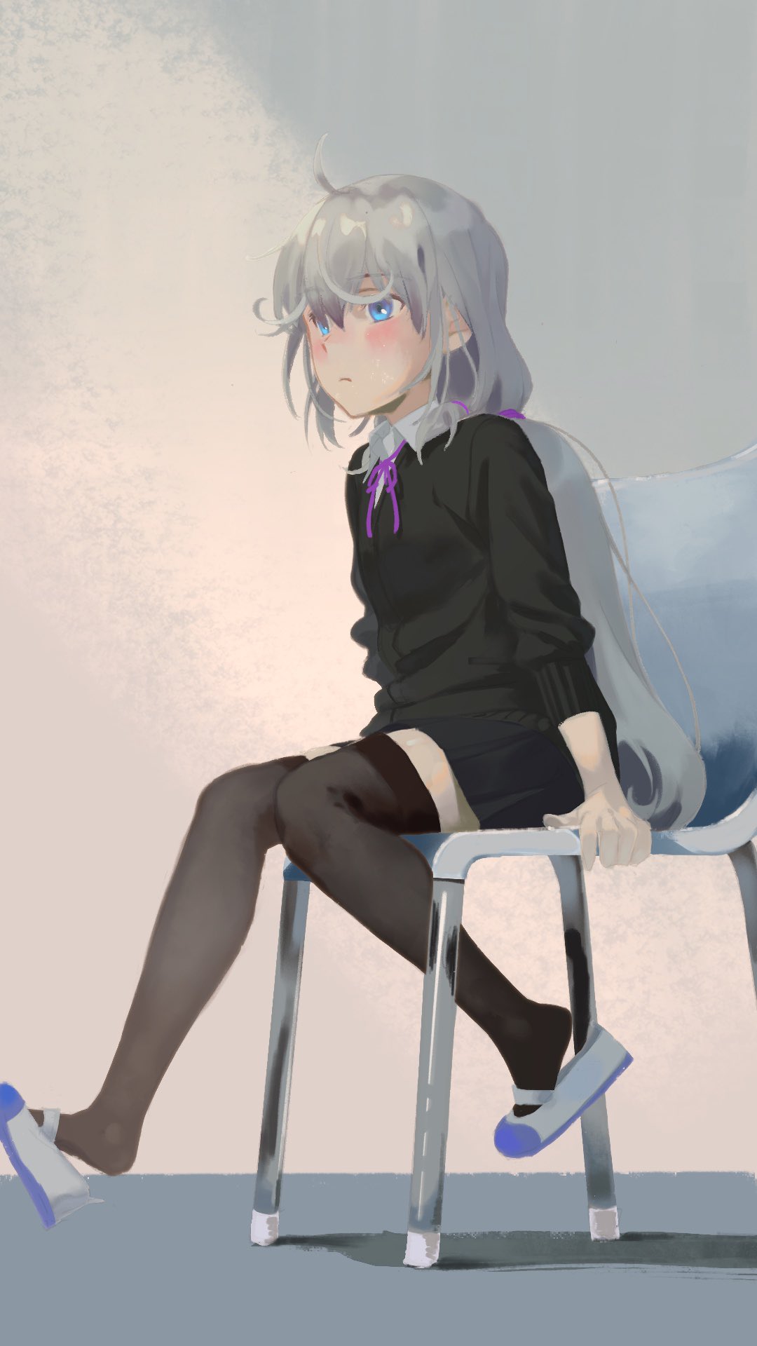 1girl a.k.a.zkin ahoge arm_at_side assault_lily black_cardigan black_skirt black_thighhighs blue_eyes blue_footwear blush cardigan chair closed_mouth collared_shirt commentary feet_up from_side full_body grey_hair hair_between_eyes highres indoors kanabako_misora long_hair looking_ahead low_twintails mary_janes miniskirt neck_ribbon on_chair pleated_skirt purple_ribbon ribbon school_uniform shirt shoe_dangle shoes sitting skirt solo thigh-highs twintails two-tone_footwear white_footwear white_shirt yurigaoka_girls_academy_school_uniform zettai_ryouiki