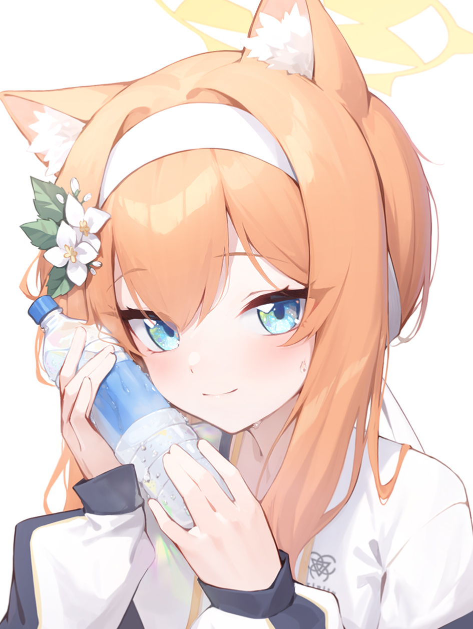 1girl animal_ear_fluff animal_ears blue_archive blue_eyes blush bottle closed_mouth flower gym_uniform hair_flower hair_ornament hairband halo highres holding holding_bottle jacket long_hair long_sleeves looking_at_viewer mari_(blue_archive) mari_(track)_(blue_archive) mcg6 multicolored_clothes multicolored_jacket official_alternate_costume orange_hair plastic_bottle ponytail simple_background smile solo sweat track_jacket two-tone_jacket water_bottle white_background white_flower white_hairband yellow_halo