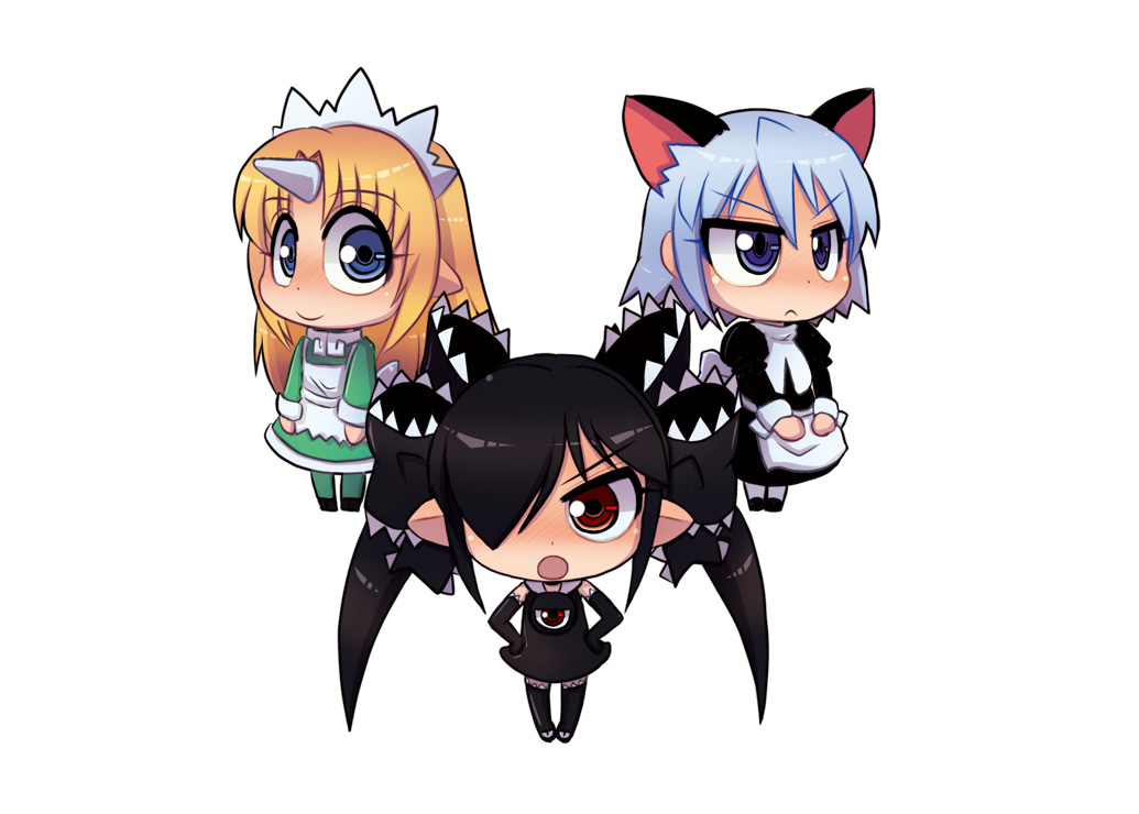 3girls :&lt; apron backbeako backbeard black_dress black_footwear black_gloves black_hair black_ribbon black_thighhighs blonde_hair blue_eyes blush character_request closed_mouth commentary_request copyright_request dress elbow_gloves full_body futaba_channel gegege_no_kitarou gloves green_dress green_thighhighs hair_between_eyes hair_over_one_eye hair_ribbon hands_on_own_hips horns jitome kirin_(nijiura_maid) long_hair looking_at_viewer maid_headdress multiple_girls nijiura_maids open_mouth original partial_commentary pointy_ears red_eyes ribbon ringed_eyes simple_background single_horn sleeveless sleeveless_dress smile thigh-highs torotei twintails v-shaped_eyebrows waist_apron white_apron white_background white_hair