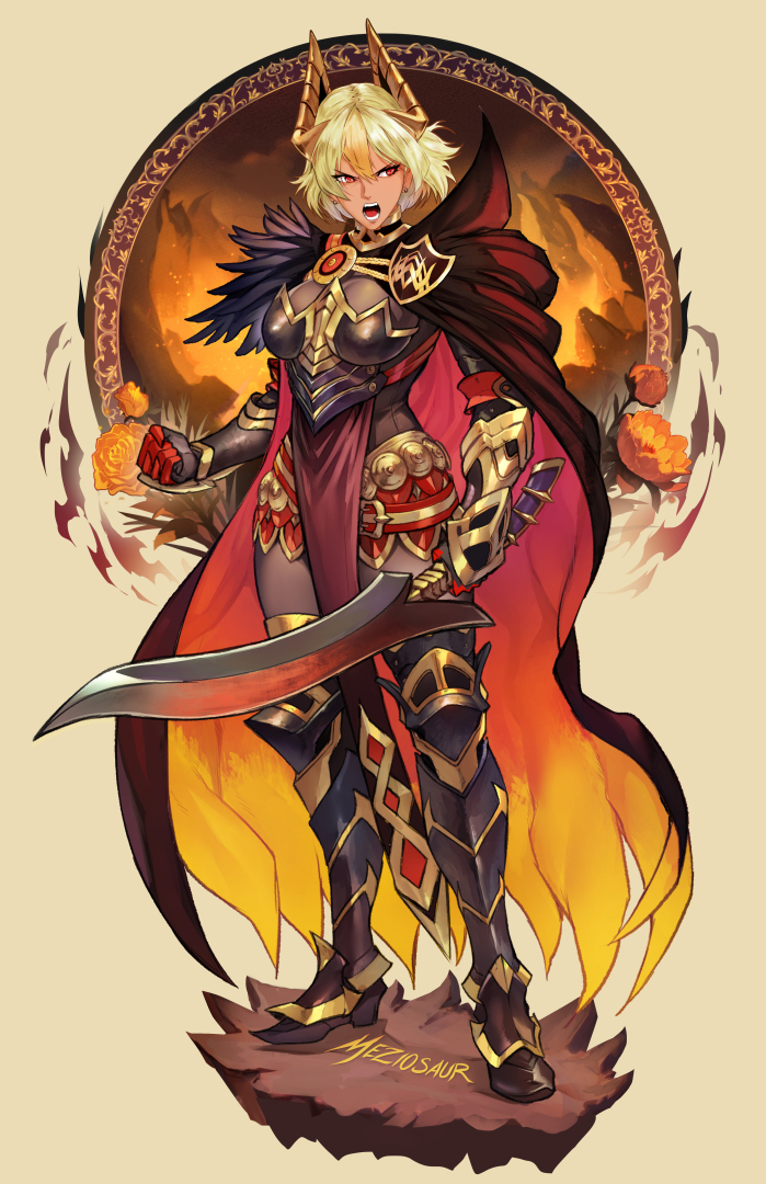 1girl armor armored_boots artist_name black_armor blonde_hair boots breastplate cape commentary english_commentary feather_trim fire_emblem fire_emblem_heroes flower full_body gauntlets gradient_cape green_hair hair_ornament holding holding_sword holding_weapon laegjarn_(fire_emblem) meziosaur multicolored_hair open_mouth orange_cape red_cape red_eyes solo streaked_hair sword teeth two-tone_hair weapon yellow_flower