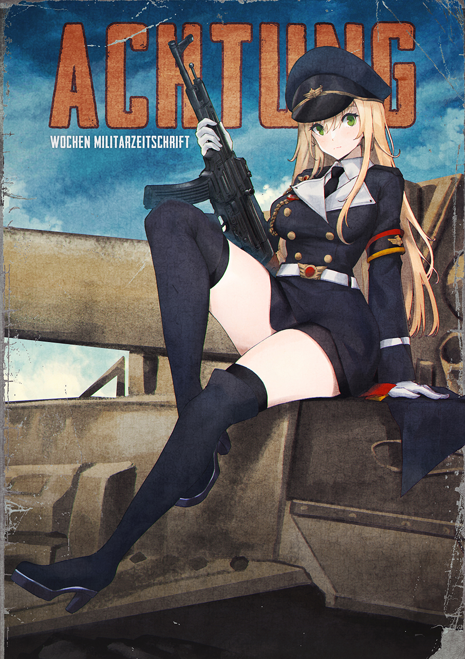 1girl arm_support assault_rifle belt black_footwear black_necktie black_thighhighs blonde_hair boots breasts closed_mouth commission german_text girls_frontline gloves green_eyes gun hat high_heel_boots high_heels highres holding holding_gun holding_weapon long_hair long_sleeves looking_at_viewer medium_breasts military_hat military_uniform necktie peaked_cap persocon93 pixiv_commission rifle shirt sitting solo stg44 stg44_(girls'_frontline) thigh-highs thigh_boots thighhighs_under_boots uniform very_long_hair weapon white_belt white_gloves white_shirt