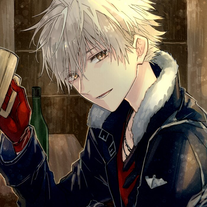 1boy atelier_(series) atelier_escha_&amp;_logy atelier_sophie blue_jacket cup fur_collar gloves hair_between_eyes hand_up hani_(udauda) holding holding_cup jacket jewelry logix_ficsario long_sleeves looking_at_viewer lower_teeth_only male_focus necklace open_clothes open_jacket open_mouth red_gloves red_shirt shirt short_hair smile solo teeth yellow_eyes