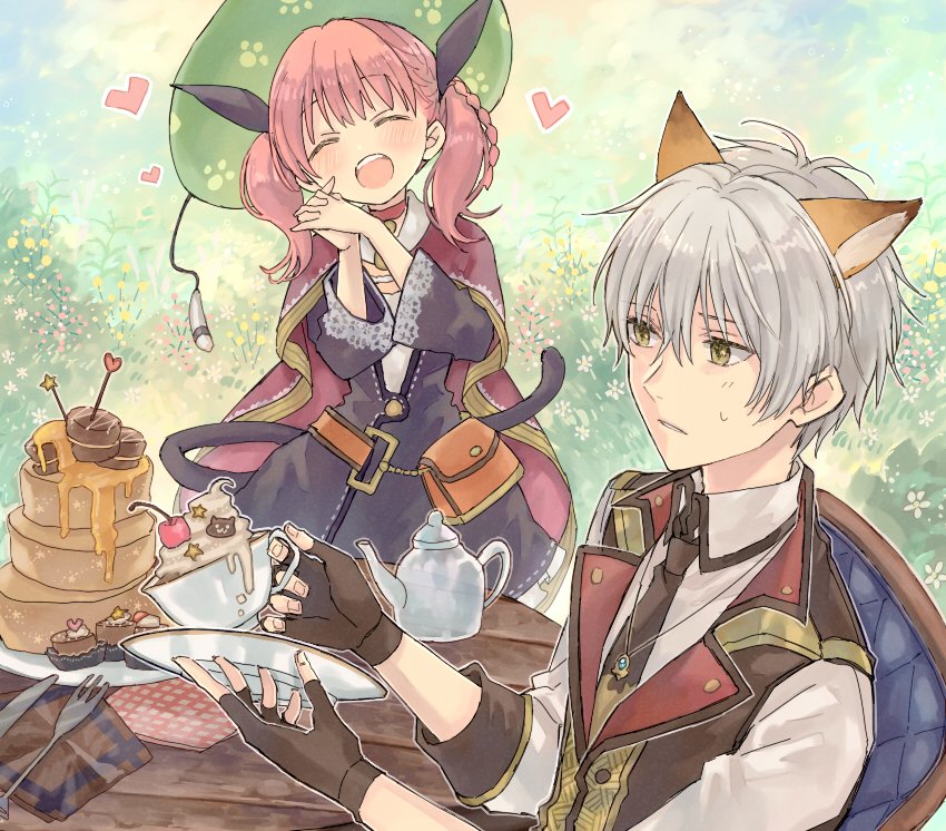 1boy 1girl ^_^ animal_ears atelier_(series) atelier_escha_&amp;_logy black_gloves black_necktie black_tail black_vest blush braid cake cape cat_tail chair cherry choker closed_eyes collared_shirt cup cupcake dress escha_malier fingerless_gloves food fox_ears fruit gloves grey_hair hair_between_eyes hair_ribbon hands_up hani_(udauda) heart holding holding_cup holding_saucer interlocked_fingers jewelry logix_ficsario medium_hair necklace necktie official_alternate_costume own_hands_together pink_cape pink_choker pink_hair purple_dress purple_ribbon ribbon saucer shirt short_hair star_(symbol) table tail teapot teeth twintails upper_teeth_only vest white_shirt wooden_table yellow_eyes