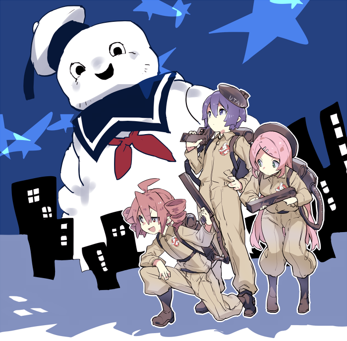 3girls ahoge beret black_footwear black_headwear blue_background boots brown_jumpsuit city commentary_request copyright_name crossover dot_mouth drill_hair full_body ghostbusters ghostbusters_uniform green_eyes hand_on_own_hip hand_up hat holding holding_weapon jumpsuit kasane_teto knee_boots leaning_forward long_hair long_sleeves looking_ahead looking_at_another looking_up momone_momo multiple_girls on_one_knee parody pink_hair proton_pack purple_hair raised_eyebrow raised_eyebrows red_eyes redhead short_hair sin_(hankotsu_bunny) smile star_(symbol) stay_puft swept_bangs twin_drills uneven_eyes utane_uta utau very_long_hair violet_eyes weapon