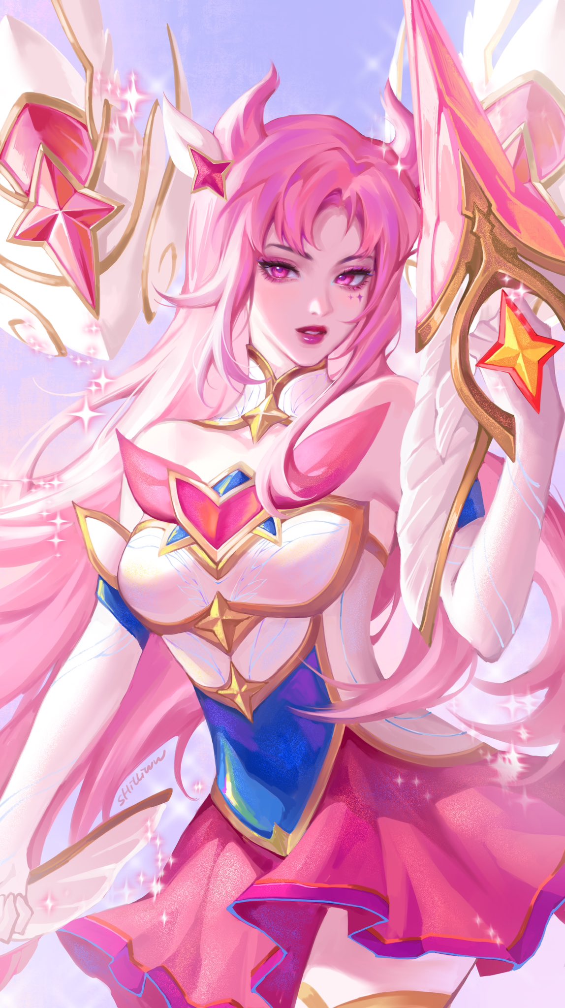 1girl bare_shoulders breasts cowboy_shot detached_wings elbow_gloves fake_horns gloves hair_horns hair_ornament hand_up highres horns kai'sa large_breasts league_of_legends long_hair looking_at_viewer miniskirt parted_bangs parted_lips pink_eyes pink_hair pink_lips pink_skirt skirt solo star_(symbol) star_guardian_(league_of_legends) star_guardian_kai'sa teeth two-tone_skirt wan_wan white_gloves wings