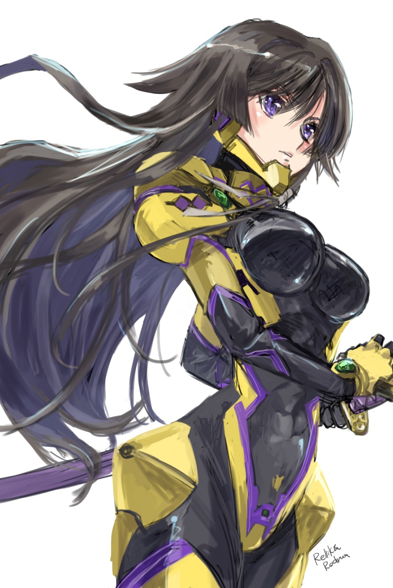 1girl black_bodysuit bodysuit breasts brown_hair floating_hair fortified_suit from_side highres holding holding_sword holding_weapon impossible_bodysuit impossible_clothes jun_(rellik_&amp;_redrum) muvluv muvluv_alternative muvluv_total_eclipse sheath solo standing sword takamura_yui violet_eyes weapon