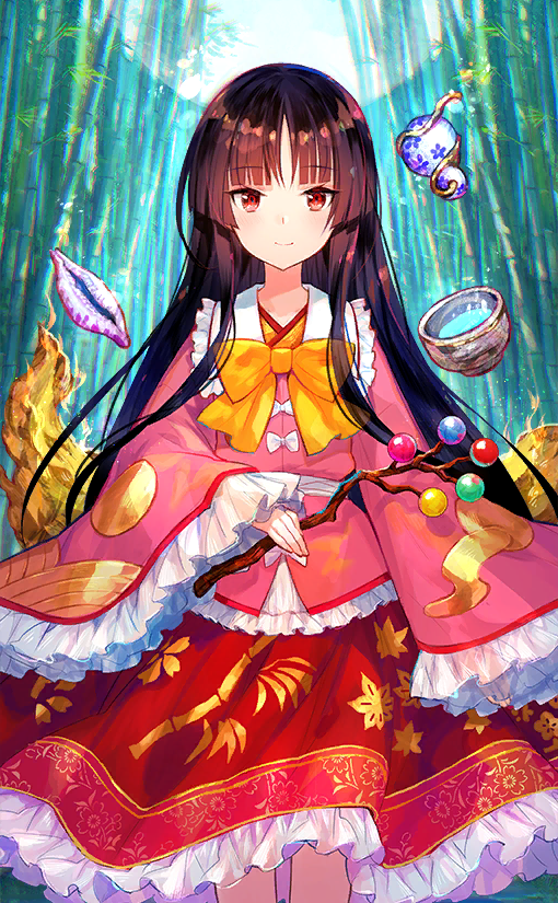 1girl bamboo bamboo_forest bamboo_print black_hair blunt_bangs bow bowtie branch closed_mouth collared_shirt forest frilled_shirt frilled_shirt_collar frilled_skirt frilled_sleeves frills full_moon fuzichoco hime_cut holding holding_branch houraisan_kaguya jeweled_branch_of_hourai layered_shirt leaf_print light_smile long_hair long_sleeves moon nature object_request official_art pink_shirt red_eyes red_skirt shirt sidelocks skirt telekinesis touhou touhou_cannonball very_long_hair white_bow wide_sleeves yellow_bow yellow_bowtie