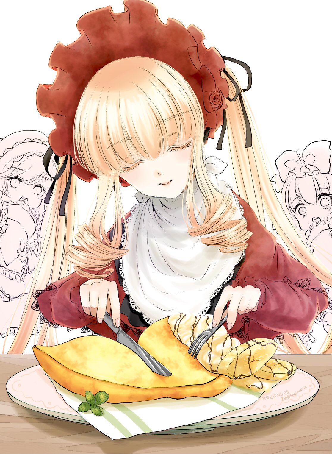 3girls blonde_hair bonnet closed_eyes crepe dress drill_hair food fork highres hinaichigo holding holding_fork holding_knife kiru_(m_putorius) knife lolita_fashion long_sleeves multiple_girls napkin open_mouth partially_colored plate red_dress rozen_maiden shinku smile solo_focus suiseiseki twintails white_background you're_doing_it_wrong