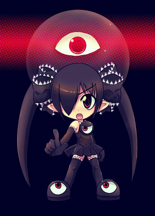 1girl 1other :o backbeako backbeard black_background black_footwear black_gloves black_hair black_ribbon black_thighhighs chibi commentary_request dress elbow_gloves full_body futaba_channel gegege_no_kitarou gloves hair_over_one_eye hair_ribbon index_finger_raised light_blush long_hair looking_at_viewer open_mouth original pointy_ears red_eyes ribbon simple_background sleeveless sleeveless_dress solo solo_focus thigh-highs torotei twintails