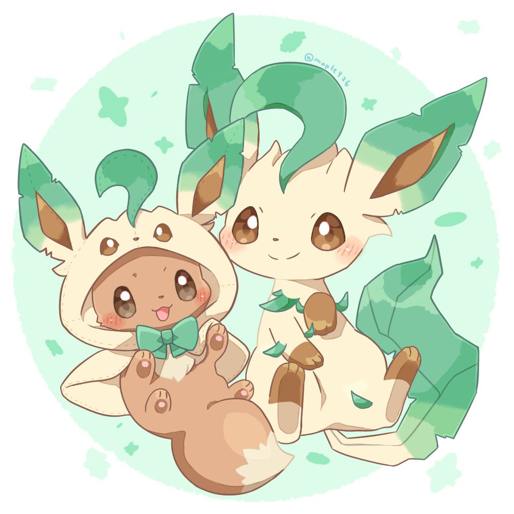 animal_hands artist_name blush bow brown_hair cape closed_mouth cosplay eevee green_bow hood hood_up kana_(maple926) leaf leafeon no_humans open_mouth pokemon pokemon_(creature) simple_background smile split_mouth tail two-tone_background