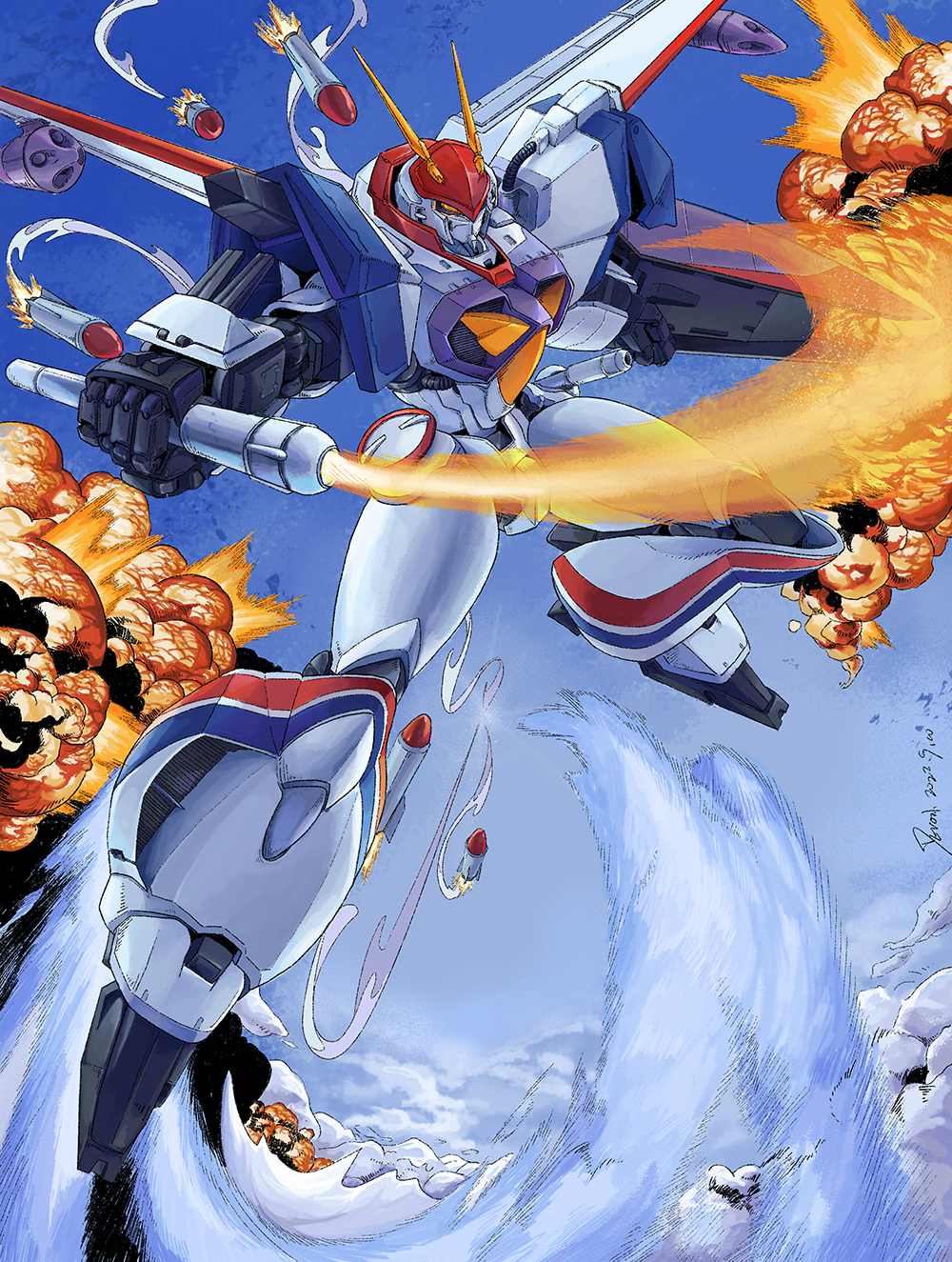 2022 aerial_battle battle beam_saber blue_sky clouds commentary_request contrail d-1 dated destruction dogfight explosion flying highres ink_(medium) itano_circus kikou_senki_dragonar mecha missile missile_pod no_humans robot scan science_fiction shield signature sky traditional_media wings wushangyi13