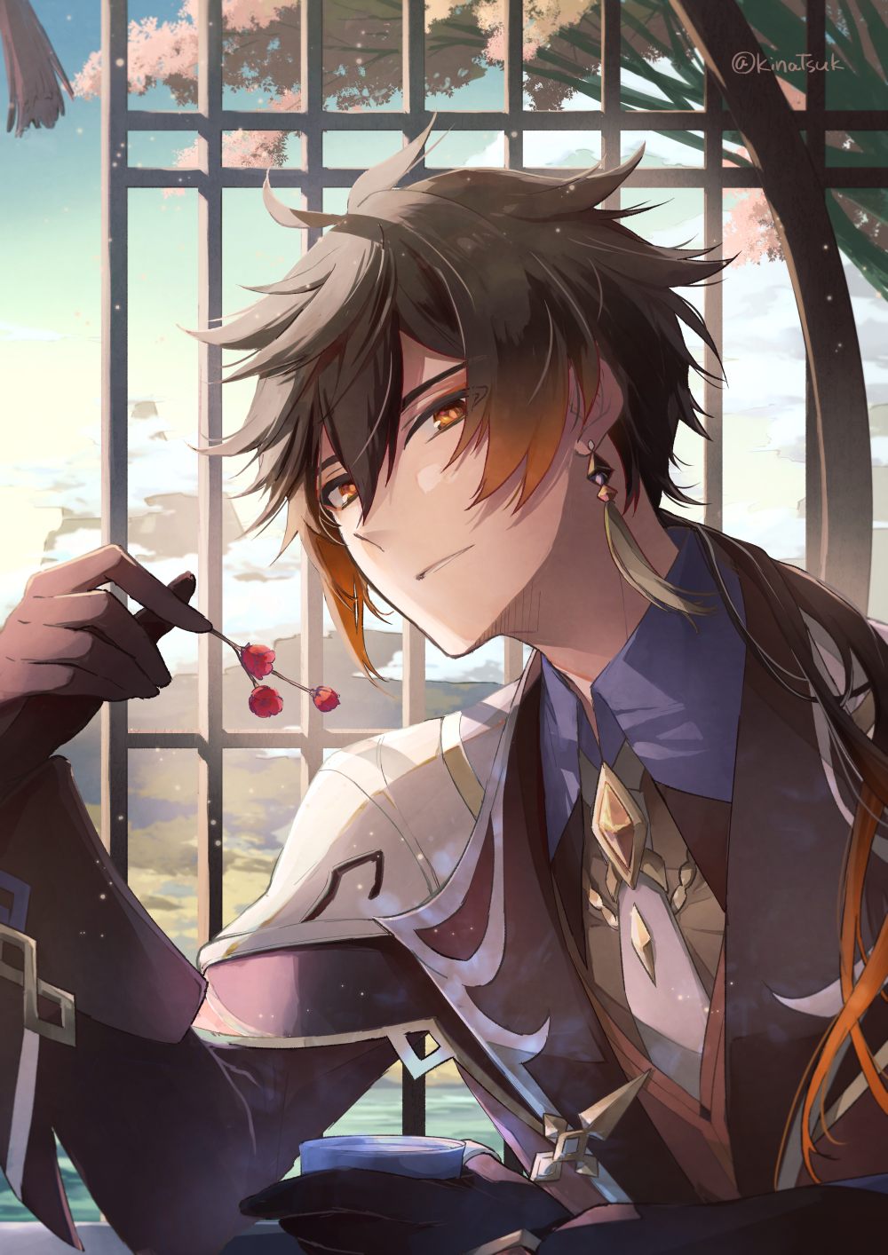 1boy antenna_hair artist_name black_gloves black_hair blue_sky branch brown_jacket brown_shirt brown_vest cherry_blossoms collared_jacket collared_shirt crystal cup day earrings eyeshadow flower genshin_impact gloves gradient_hair grass hair_between_eyes hand_up highres holding holding_cup jacket jewelry long_hair long_sleeves looking_at_viewer makeup male_focus multicolored_hair necktie open_clothes open_jacket orange_eyes orange_hair petals pink_flower ponytail rare_(user_vxhu8375) red_eyeshadow shirt single_earring sitting sky smile solo steam suit teeth tree vest white_necktie window zhongli_(genshin_impact)